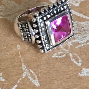 SALE Art Deco Bright Pink Sterling Silver Filigree Ring
